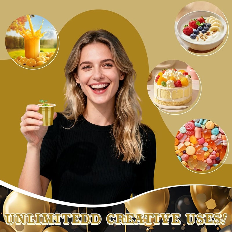 Pineburg 100Pack 2oz Carnival Disposable Shot Glasses, Gold Plastic Shot Glasses, Mini Disposable Cups for Parties Valentine's Day Weddings Graduation Party Games & Events Supplies(Gold) - Image 4